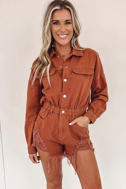 Long Sleeve Snap Buttons Distressed Denim Romper