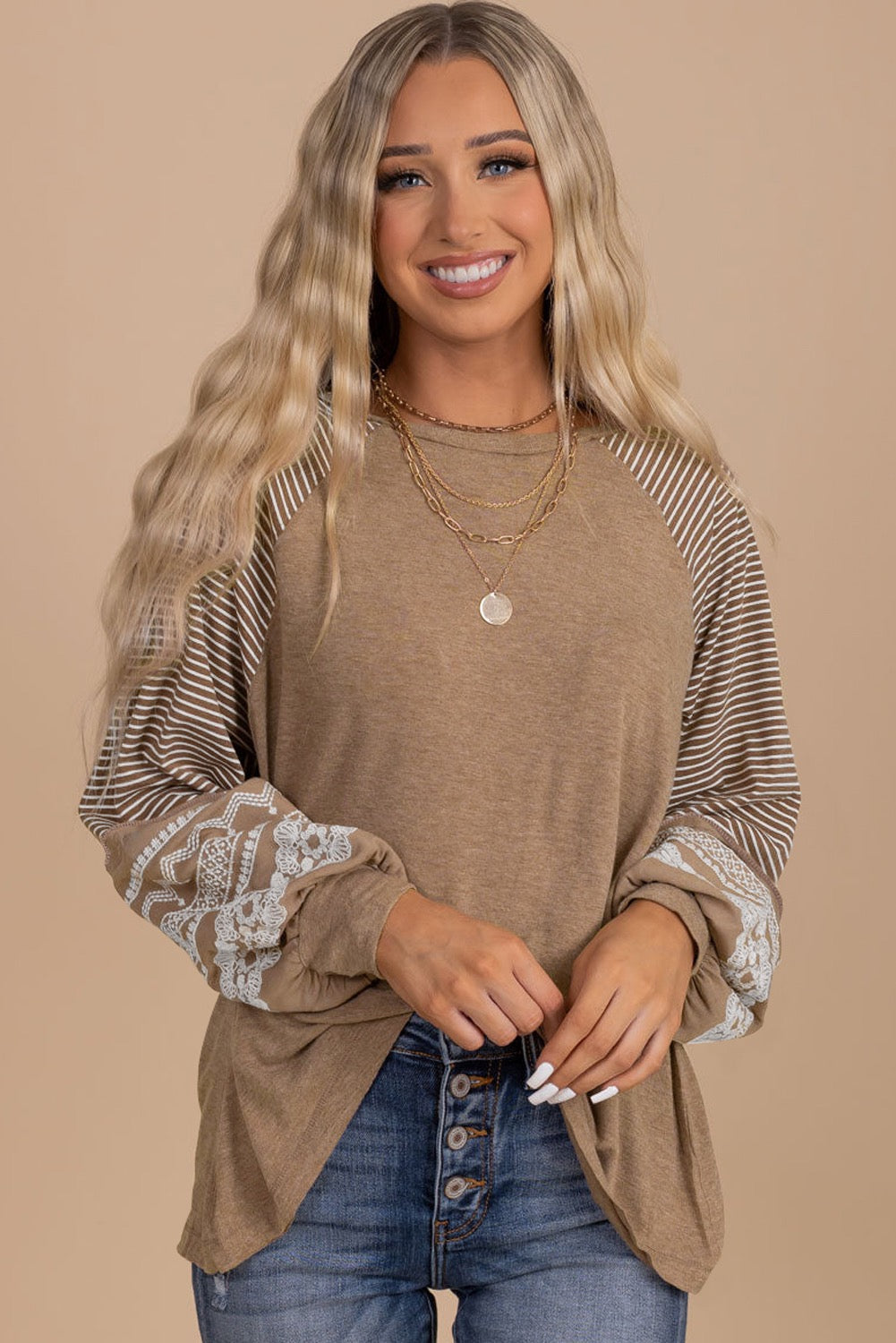 Beige Patchwork Long Sleeve Top RTS