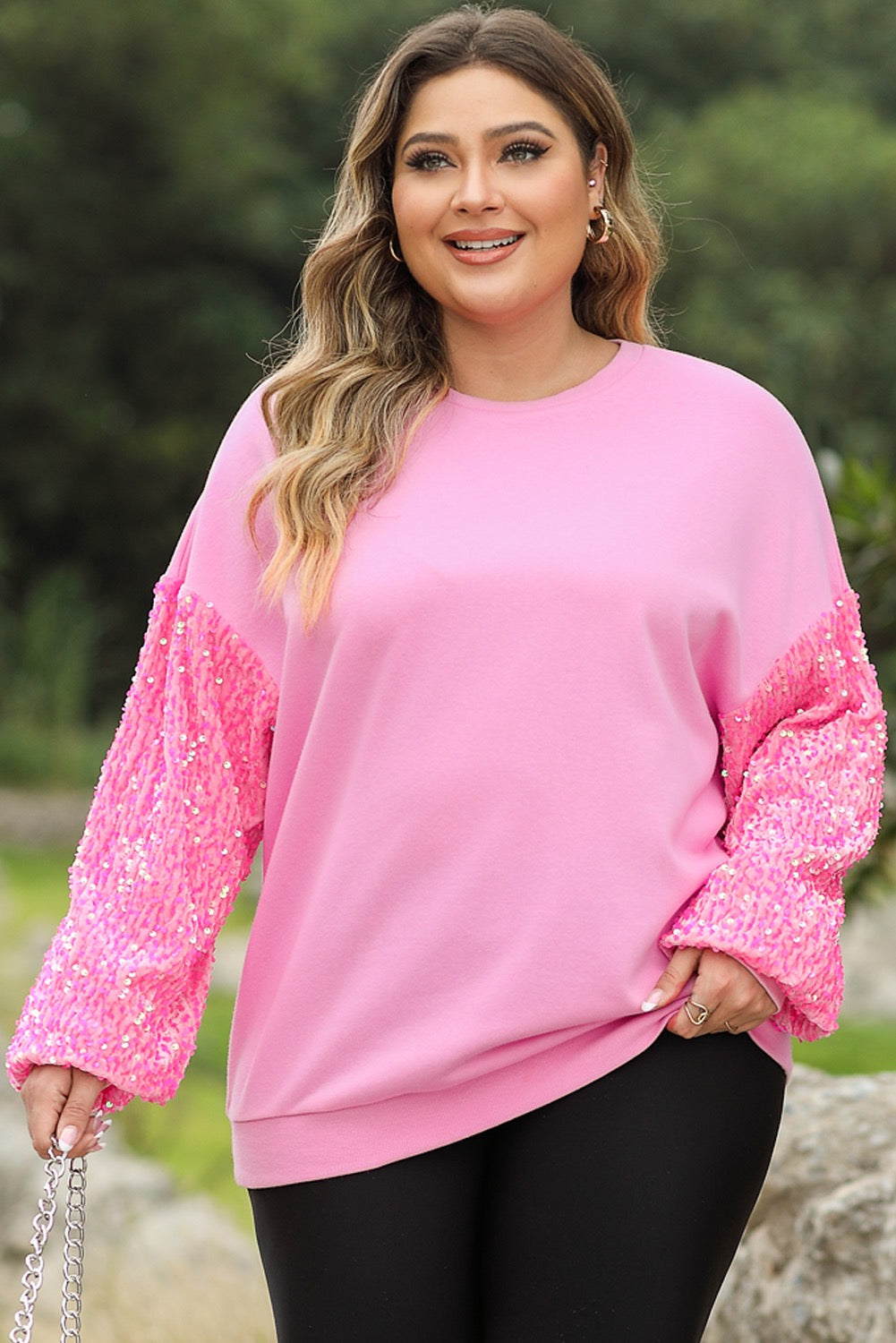 Plus Size Pink Sequin Sleeve Sweater RTS