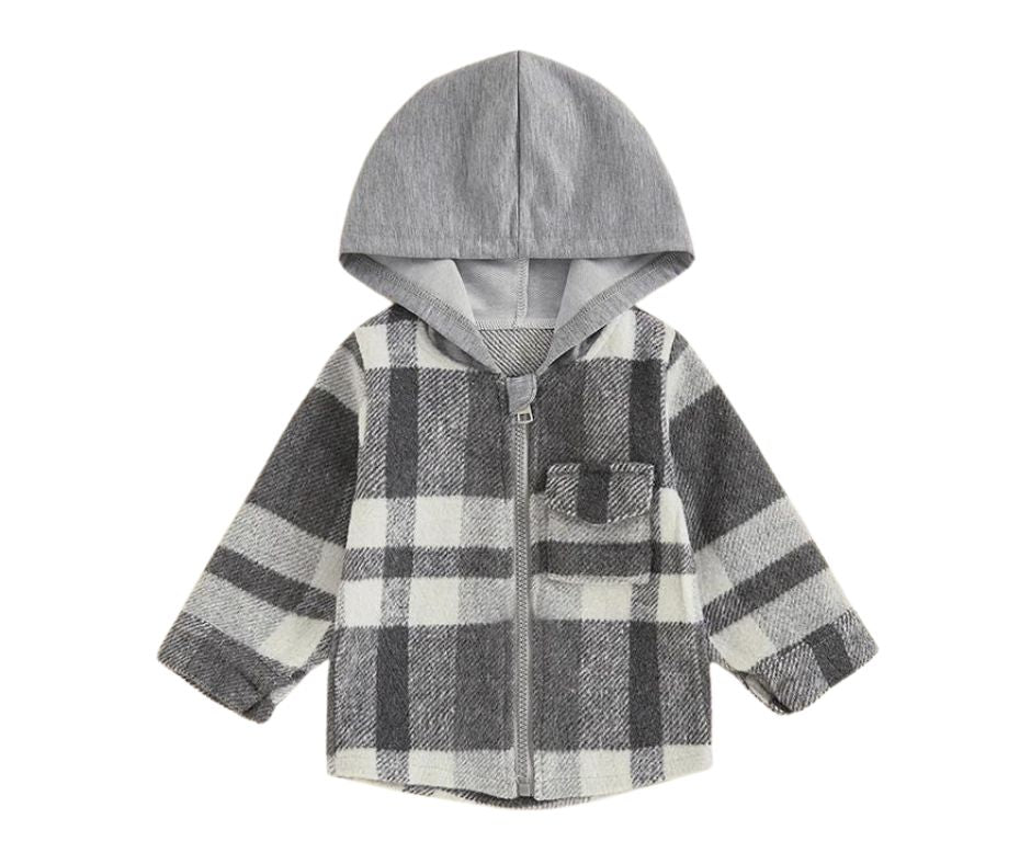 Grey Plaid Hooded Zip Shacket